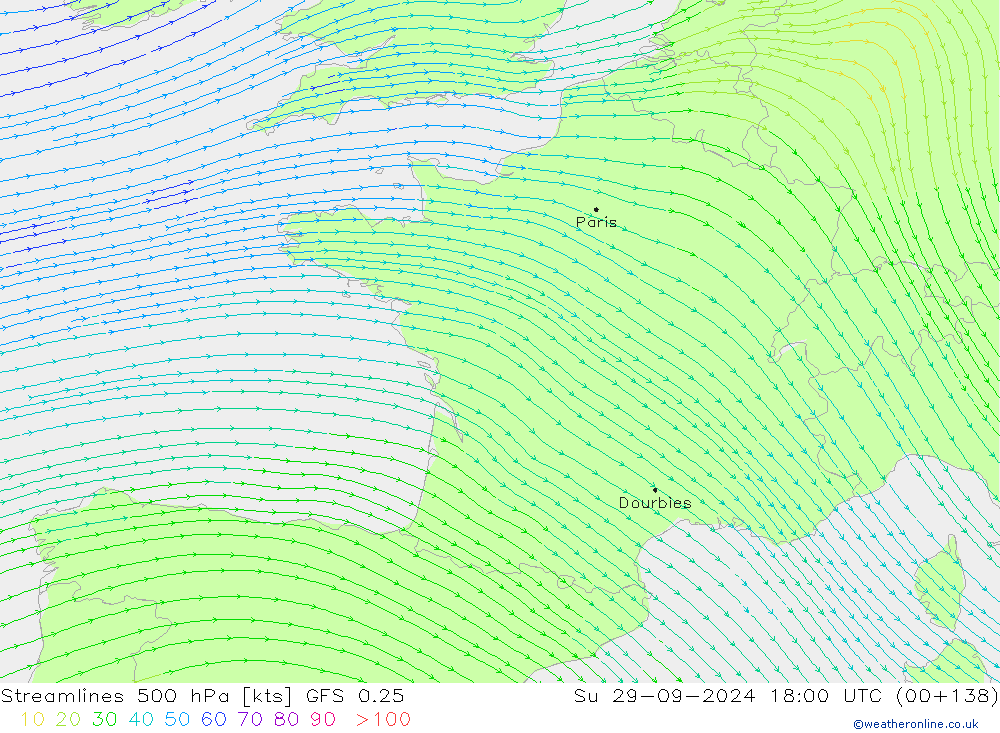 Streamlines 500 hPa GFS 0.25 Su 29.09.2024 18 UTC