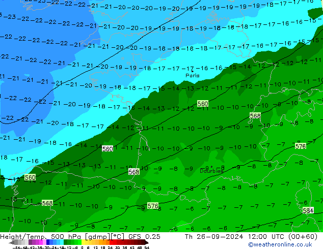 Z500/Rain (+SLP)/Z850 GFS 0.25 Th 26.09.2024 12 UTC