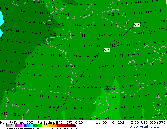 Z500/Rain (+SLP)/Z850 GFS 0.25 We 09.10.2024 12 UTC