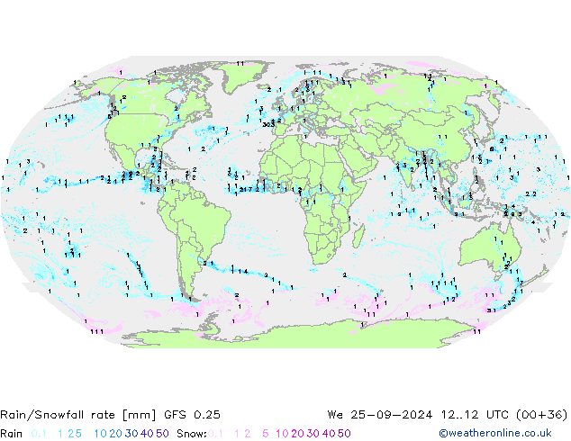 Rain/Snowfall rate GFS 0.25 We 25.09.2024 12 UTC