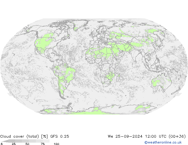 Cloud cover (total) GFS 0.25 We 25.09.2024 12 UTC