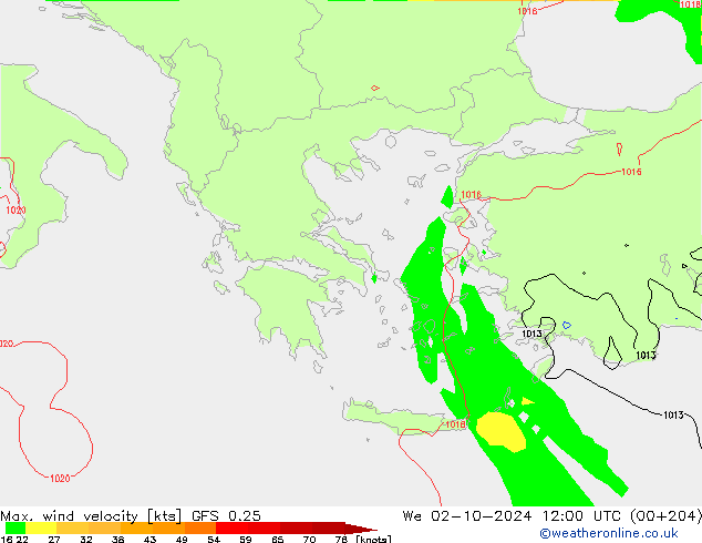 Max. wind velocity GFS 0.25 We 02.10.2024 12 UTC