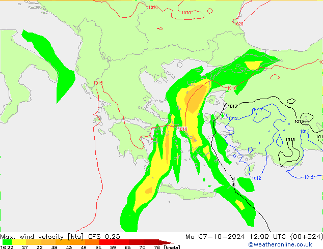 Max. wind velocity GFS 0.25 Mo 07.10.2024 12 UTC