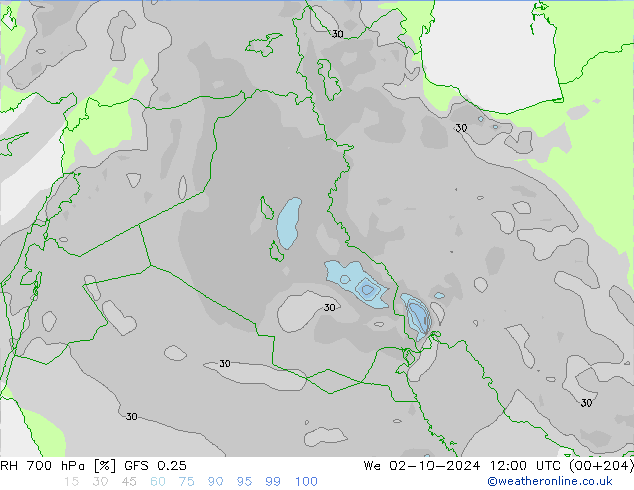 Humidité rel. 700 hPa GFS 0.25 mer 02.10.2024 12 UTC