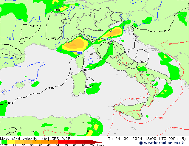 Max. wind velocity GFS 0.25 Tu 24.09.2024 18 UTC