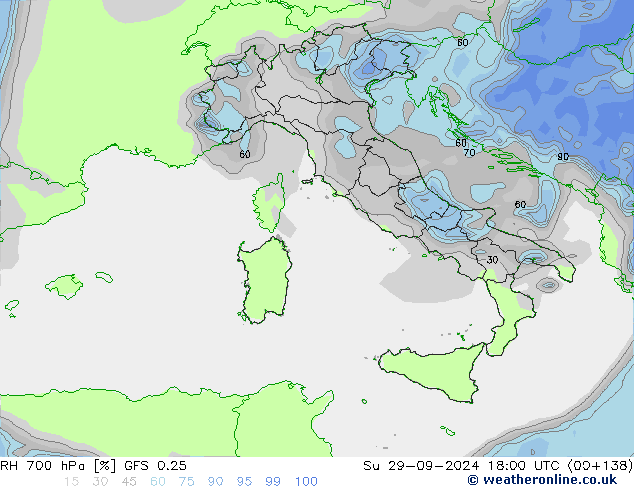 RH 700 hPa GFS 0.25 Dom 29.09.2024 18 UTC