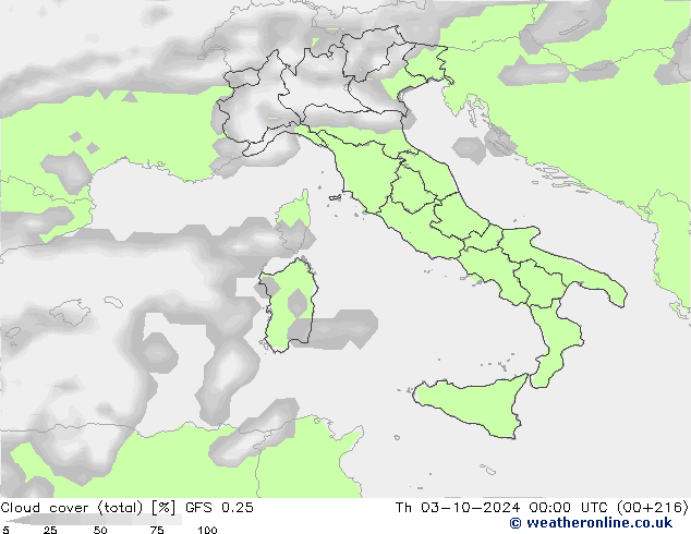 Cloud cover (total) GFS 0.25 Th 03.10.2024 00 UTC