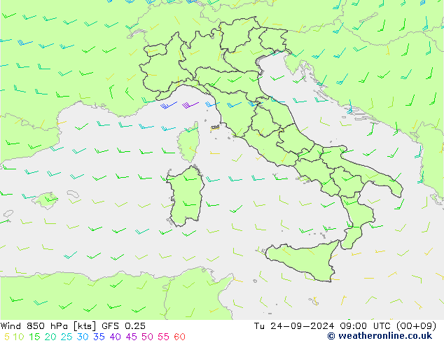 Wind 850 hPa GFS 0.25 Tu 24.09.2024 09 UTC