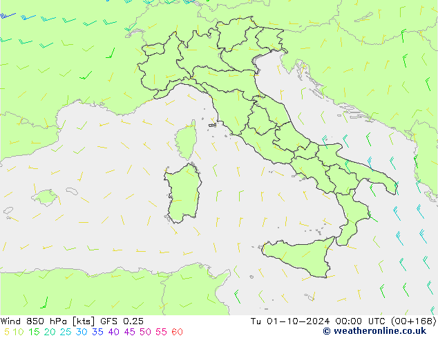 Wind 850 hPa GFS 0.25 Út 01.10.2024 00 UTC