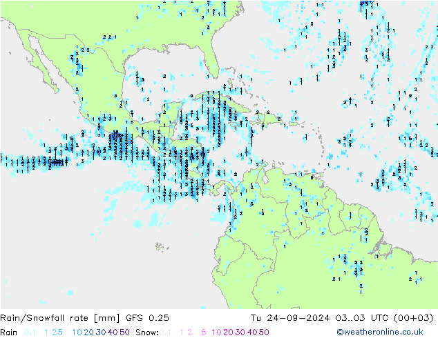 Rain/Snowfall rate GFS 0.25 вт 24.09.2024 03 UTC