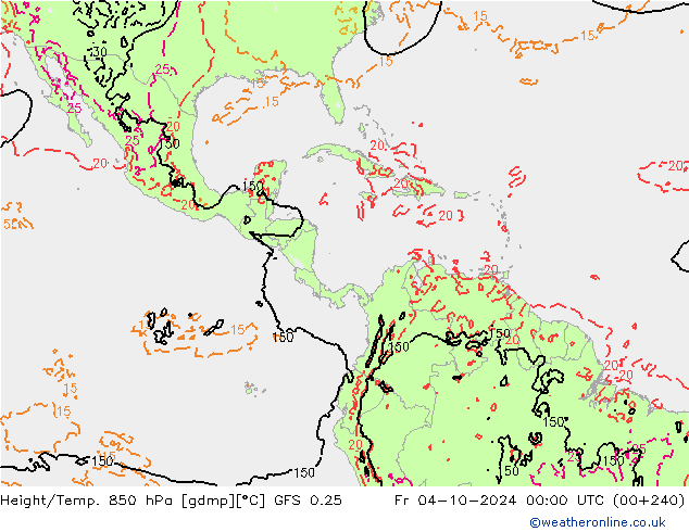 Geop./Temp. 850 hPa GFS 0.25 vie 04.10.2024 00 UTC