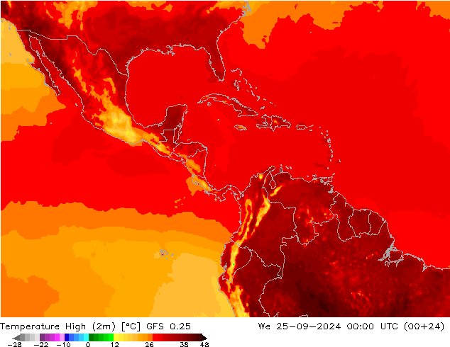 Max. Temperatura (2m) GFS 0.25 śro. 25.09.2024 00 UTC