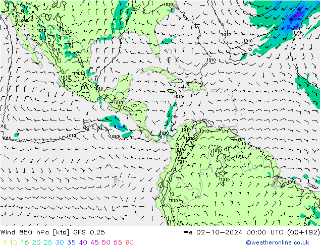 Vento 850 hPa GFS 0.25 mer 02.10.2024 00 UTC