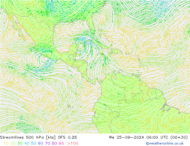 Streamlines 500 hPa GFS 0.25 We 25.09.2024 06 UTC