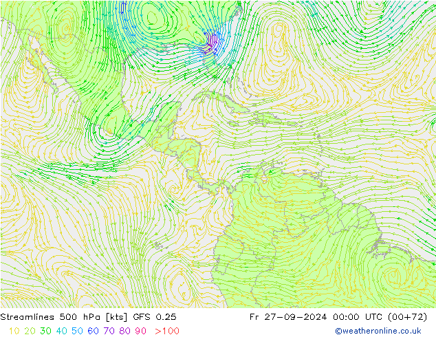 Stroomlijn 500 hPa GFS 0.25 vr 27.09.2024 00 UTC