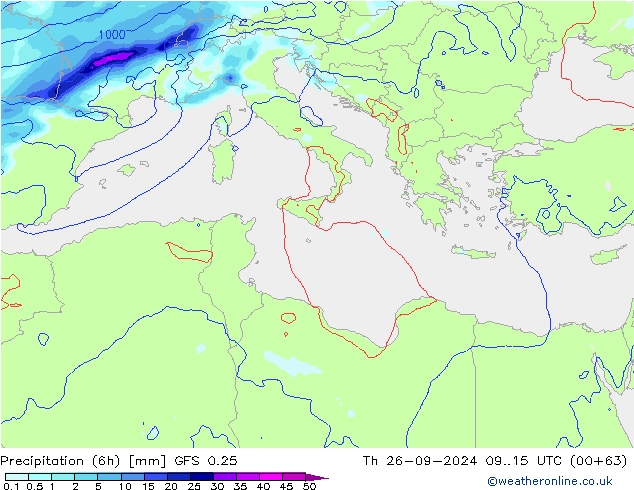 Z500/Regen(+SLP)/Z850 GFS 0.25 do 26.09.2024 15 UTC