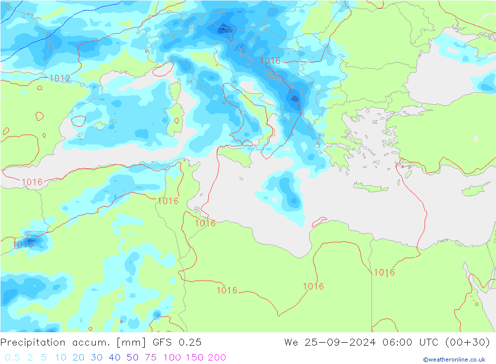 Precipitation accum. GFS 0.25 We 25.09.2024 06 UTC