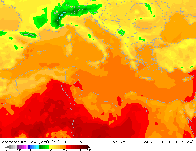 Temperature Low (2m) GFS 0.25 We 25.09.2024 00 UTC