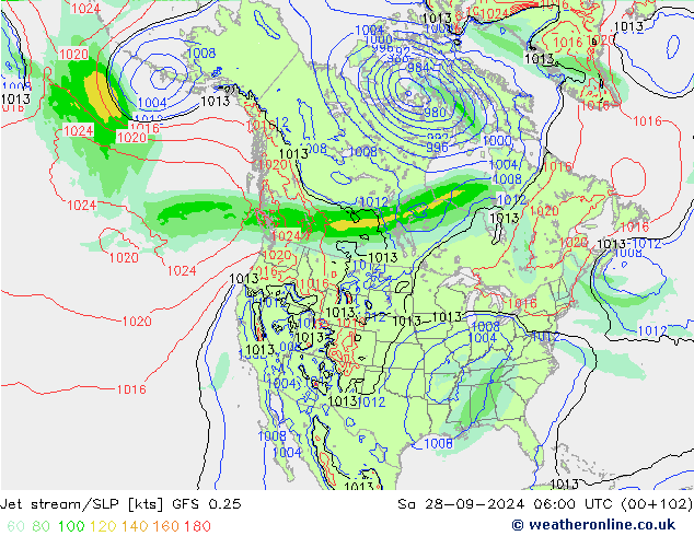 Jet stream/SLP GFS 0.25 Sa 28.09.2024 06 UTC