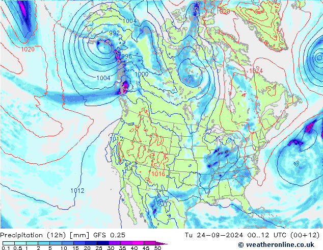 Totale neerslag (12h) GFS 0.25 di 24.09.2024 12 UTC