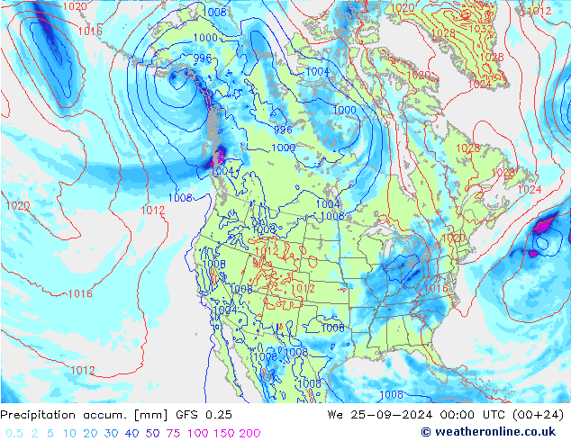 Précipitation accum. GFS 0.25 mer 25.09.2024 00 UTC