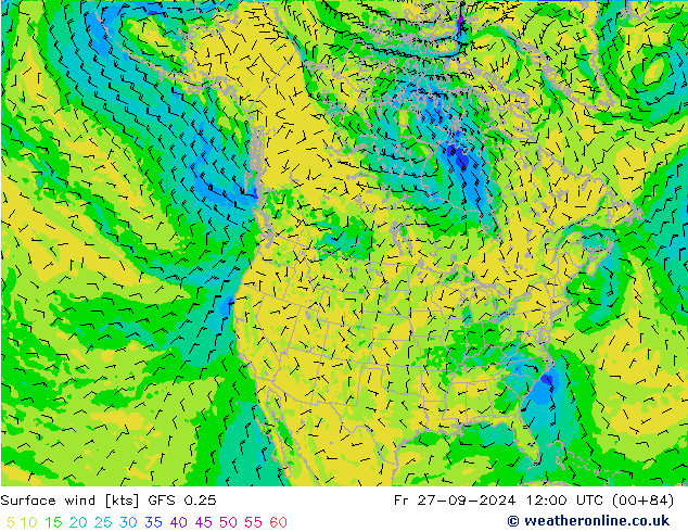 Vento 10 m GFS 0.25 ven 27.09.2024 12 UTC