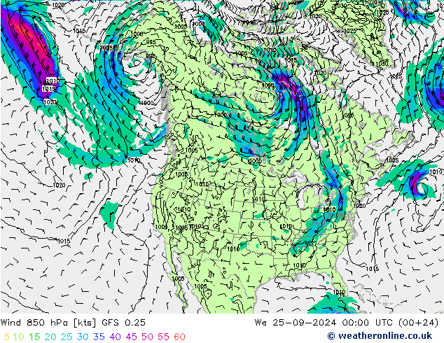 Vento 850 hPa GFS 0.25 mer 25.09.2024 00 UTC