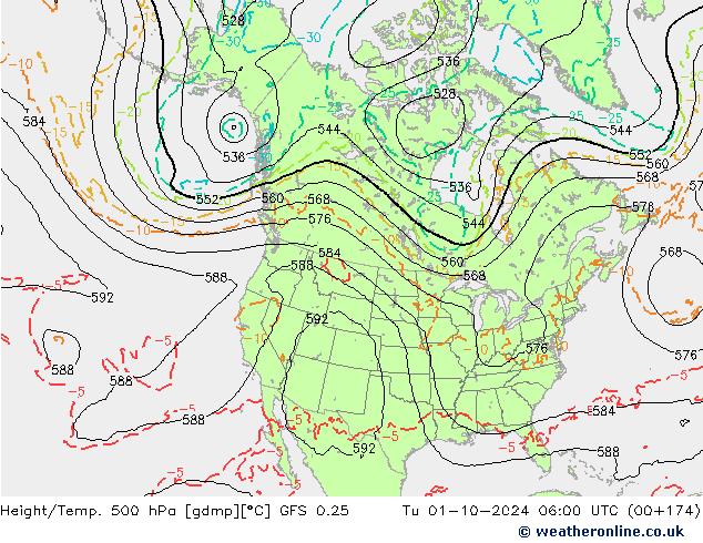 Z500/Rain (+SLP)/Z850 GFS 0.25 Ter 01.10.2024 06 UTC