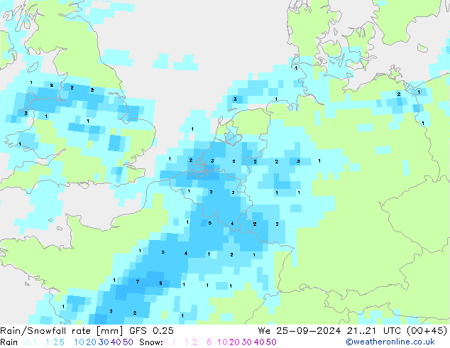 Rain/Snowfall rate GFS 0.25 We 25.09.2024 21 UTC