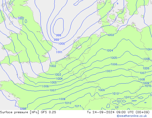 Surface pressure GFS 0.25 Tu 24.09.2024 09 UTC