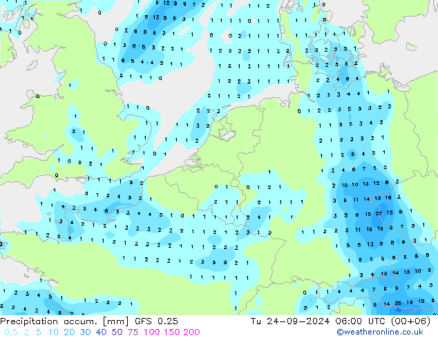 Precipitation accum. GFS 0.25 Tu 24.09.2024 06 UTC