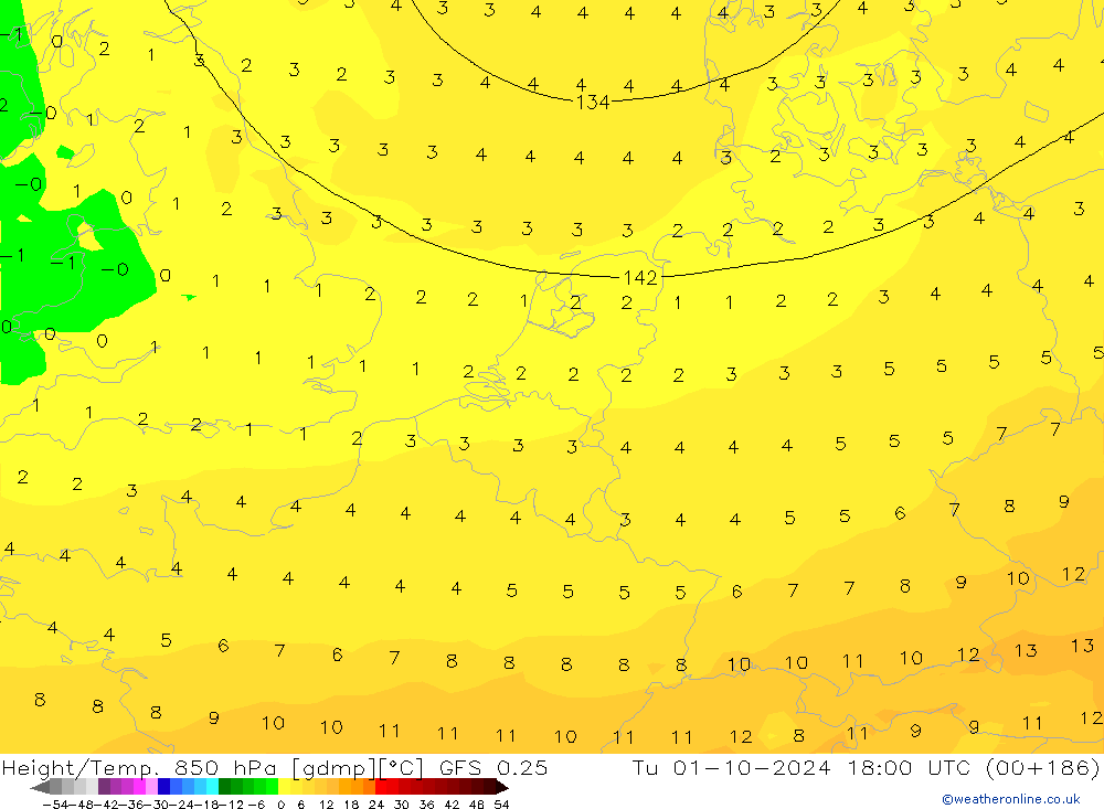 Z500/Rain (+SLP)/Z850 GFS 0.25 Út 01.10.2024 18 UTC