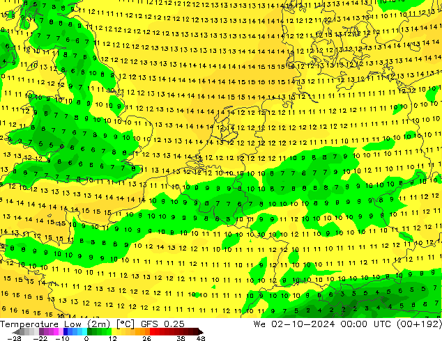 Temperature Low (2m) GFS 0.25 We 02.10.2024 00 UTC