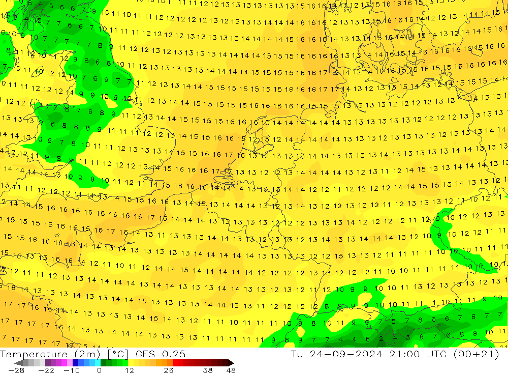 Sıcaklık Haritası (2m) GFS 0.25 Sa 24.09.2024 21 UTC