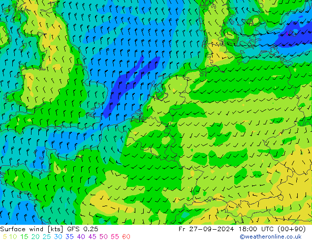 Surface wind GFS 0.25 Fr 27.09.2024 18 UTC