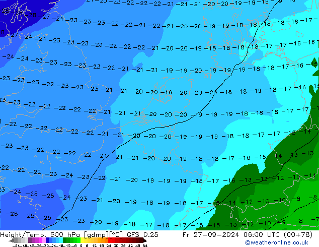 Z500/Rain (+SLP)/Z850 GFS 0.25  27.09.2024 06 UTC