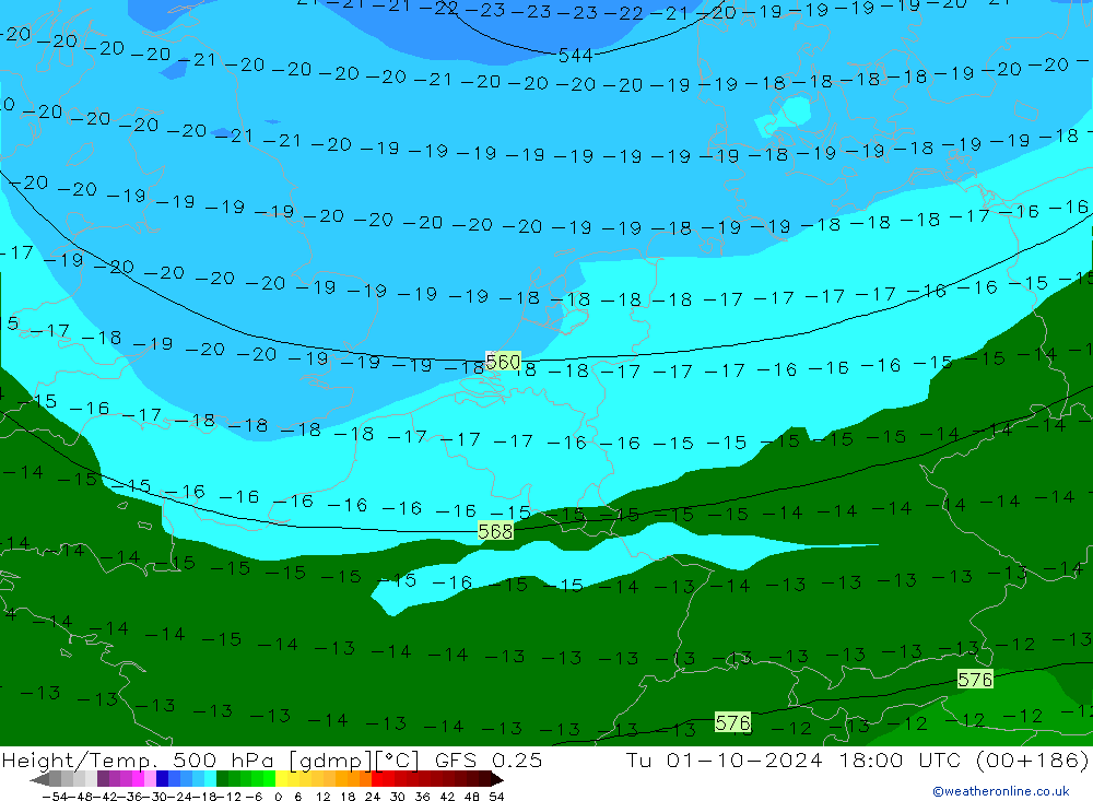 Z500/Rain (+SLP)/Z850 GFS 0.25 Út 01.10.2024 18 UTC