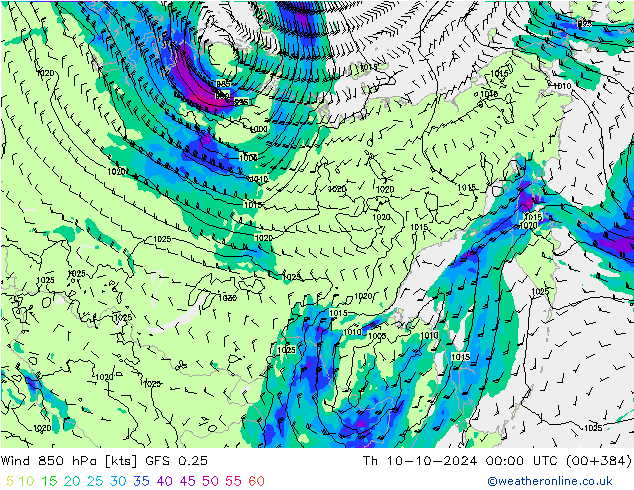 Rüzgar 850 hPa GFS 0.25 Per 10.10.2024 00 UTC