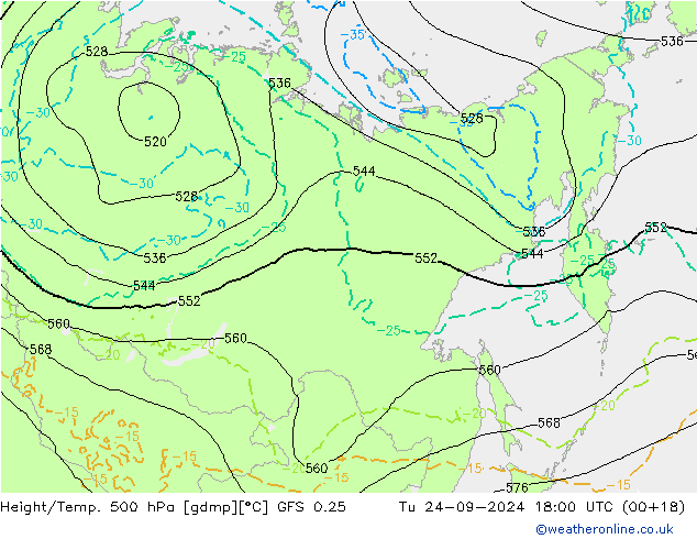 Z500/Yağmur (+YB)/Z850 GFS 0.25 Sa 24.09.2024 18 UTC