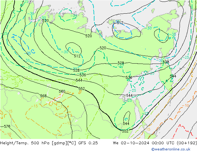 Z500/Rain (+SLP)/Z850 GFS 0.25 mer 02.10.2024 00 UTC