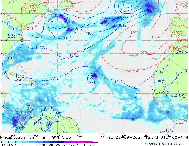 Precipitation (6h) GFS 0.25 Sa 28.09.2024 18 UTC