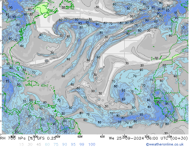 RH 700 hPa GFS 0.25 mer 25.09.2024 06 UTC