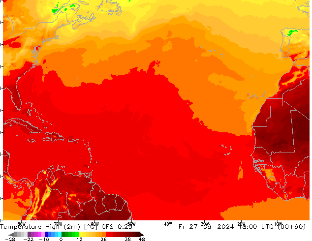 température 2m max GFS 0.25 ven 27.09.2024 18 UTC