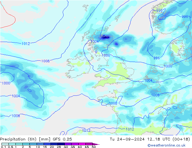 Z500/Rain (+SLP)/Z850 GFS 0.25 вт 24.09.2024 18 UTC