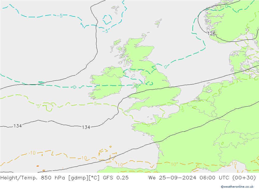 Z500/Rain (+SLP)/Z850 GFS 0.25 We 25.09.2024 06 UTC