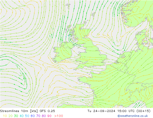 Linia prądu 10m GFS 0.25 wto. 24.09.2024 15 UTC