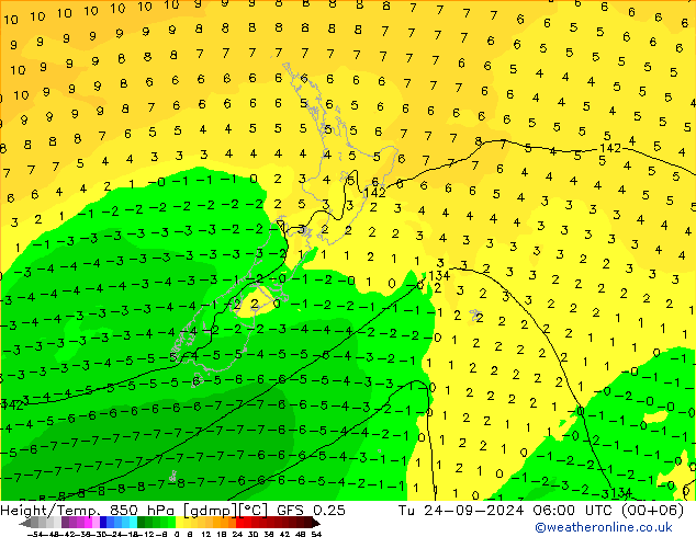 Z500/Rain (+SLP)/Z850 GFS 0.25 Tu 24.09.2024 06 UTC