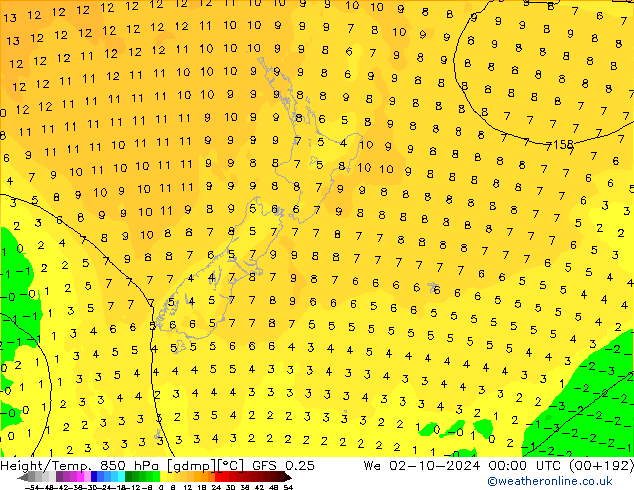 Height/Temp. 850 hPa GFS 0.25 We 02.10.2024 00 UTC