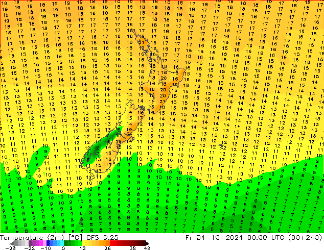 Temperature (2m) GFS 0.25 Fr 04.10.2024 00 UTC