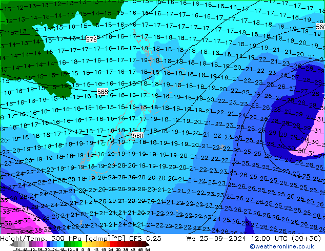 Height/Temp. 500 hPa GFS 0.25 mer 25.09.2024 12 UTC